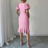 Women's Short Puff Sleeve Bodycon Dresses Crew Neck Ruffle Mermaid Hem Dress Cocktail Wedding