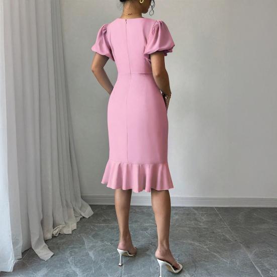 Women's Short Puff Sleeve Bodycon Dresses Crew Neck Ruffle Mermaid Hem Dress Cocktail Wedding