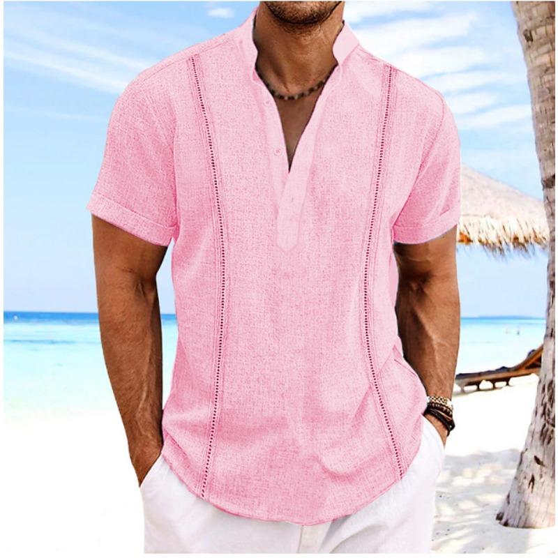 New Summer Men's Solid Color Cotton Linen Henry Collar Short Sleeve Shirt