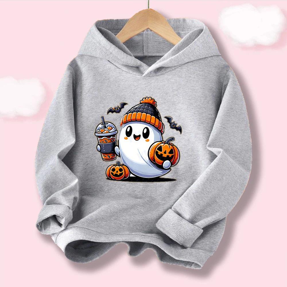 Kawaii Boys' & Girls' Halloween Hoodie "LOVE" Letter with Pumpkin and Skull Print, Casual Kids' Hooded Top