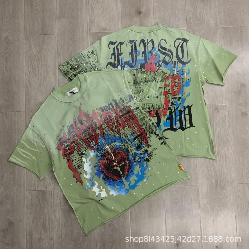 Unisex Oversized Box Fit Cotton Tee With Embroidered Rhinestone Washed Print Round Neck Short Sleeve Casual Top