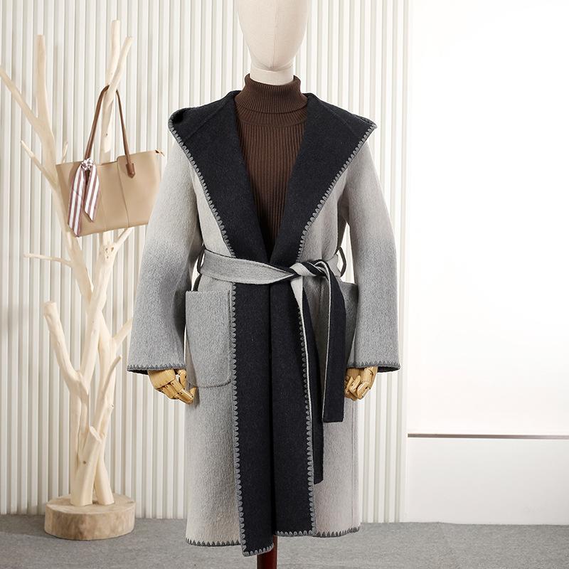 

New gradual change shell edge wool double-sided woolen coat women s personality lazy loose versatile lace-up woolen coat S чорний