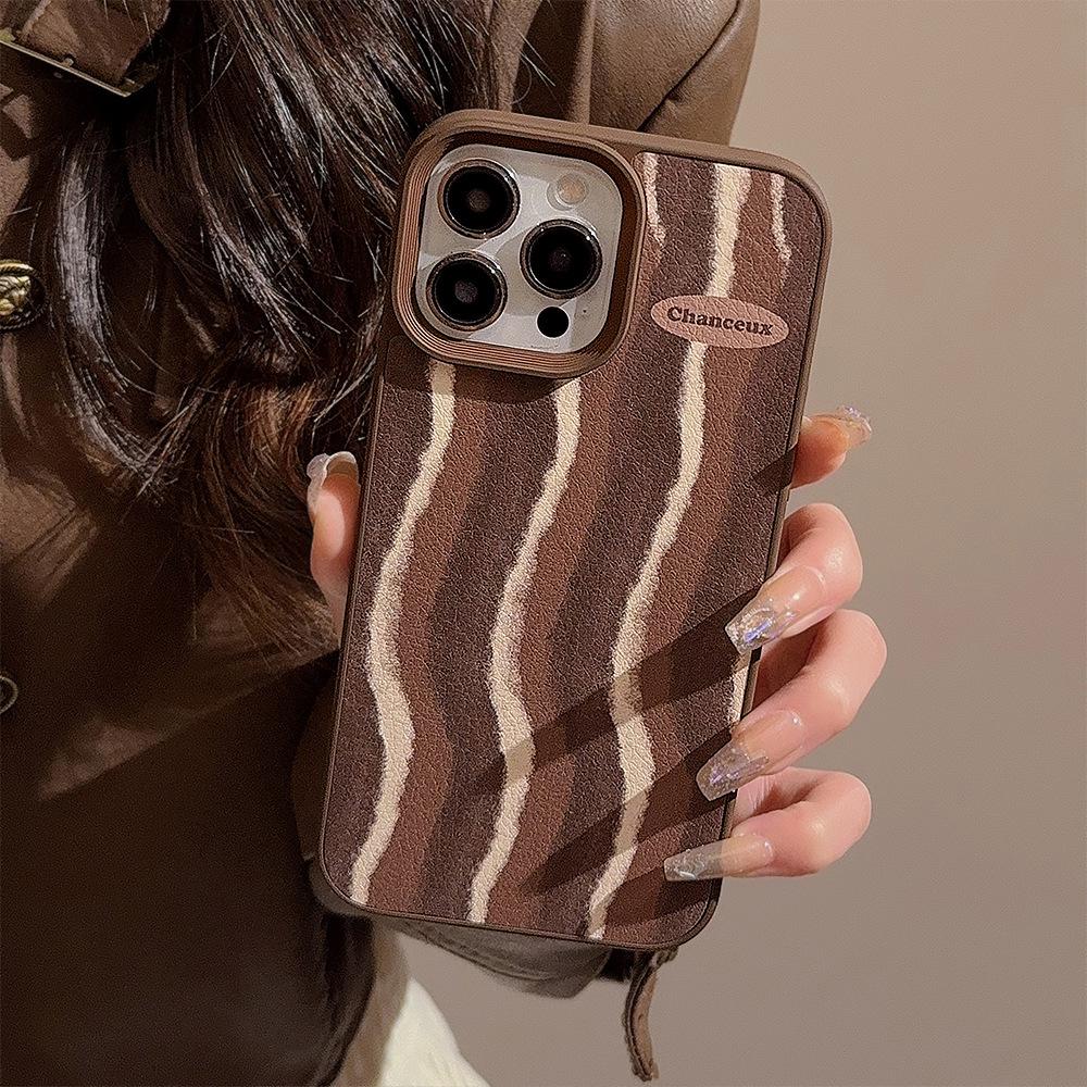 Brown Striped Apple 15 Phone Case 16promax Retro Premium 11 Suitable for IPhone 13 Leather Anti Fall Hard