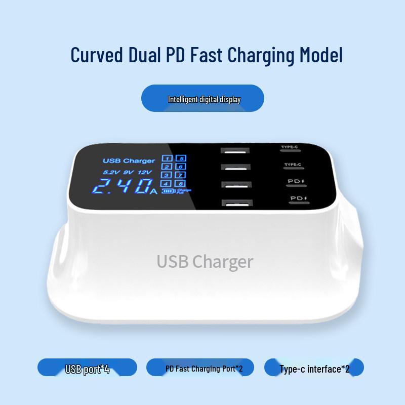 Multi-Port USB Charger with PD Fast Charging, Digital Display, 8 Ports & Multiple Interfaces