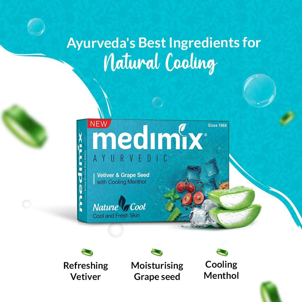 Medimix Ayurvedic Cool Bathing Soap 125Gx 5 Soap With Menthol Vetiver Grape Seed Natural Vegan Combo Pack
