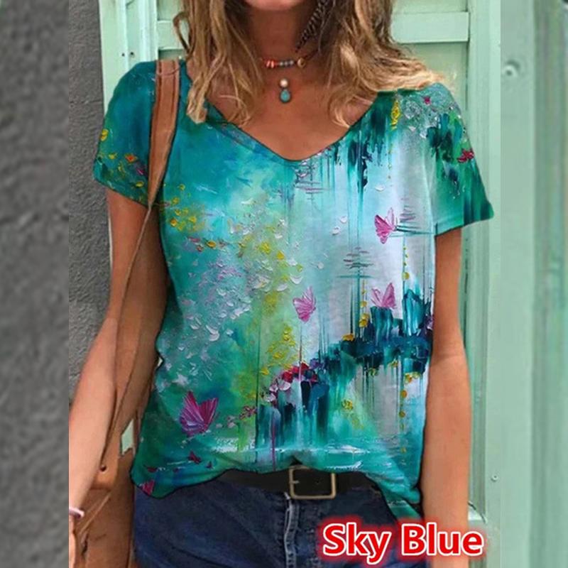 V-ringad tröja med blommönster med kort ärm i flerfärgad lös T-shirt för kvinnor