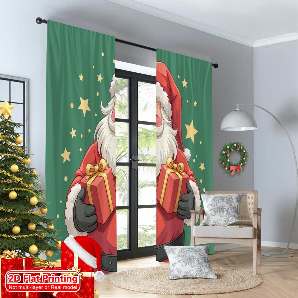 2 Stück 2D Flachdruck Frohe Weihnachten Party Vorhänge Schwarz Weihnachtsmann Geschenke Weihnachtsfeiertag Polyesterstoff Ohne Strom