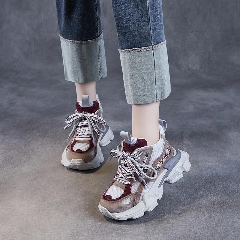 6CM Plateau Frühling Herbst Hohl Damen Bequeme Schuhe Air Mesh Echtes Leder Klobige Sneaker Sandalen Vulkanisiert Atmungsaktiv Slipper