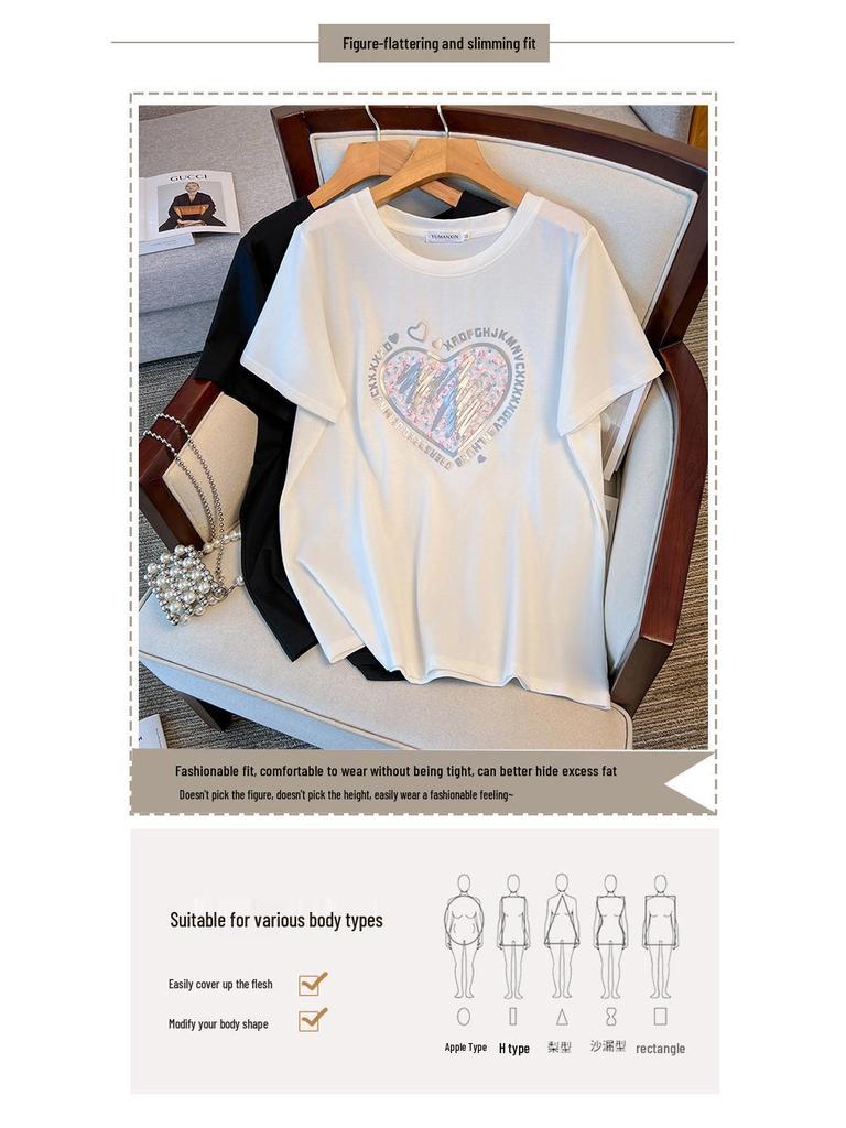 Übergröße Mid-Length Rundhals Kurzarm Schlankmachendes T-Shirt für Damen - Erhältlich in den Größen 200/300/350 jin, Stil 6503.