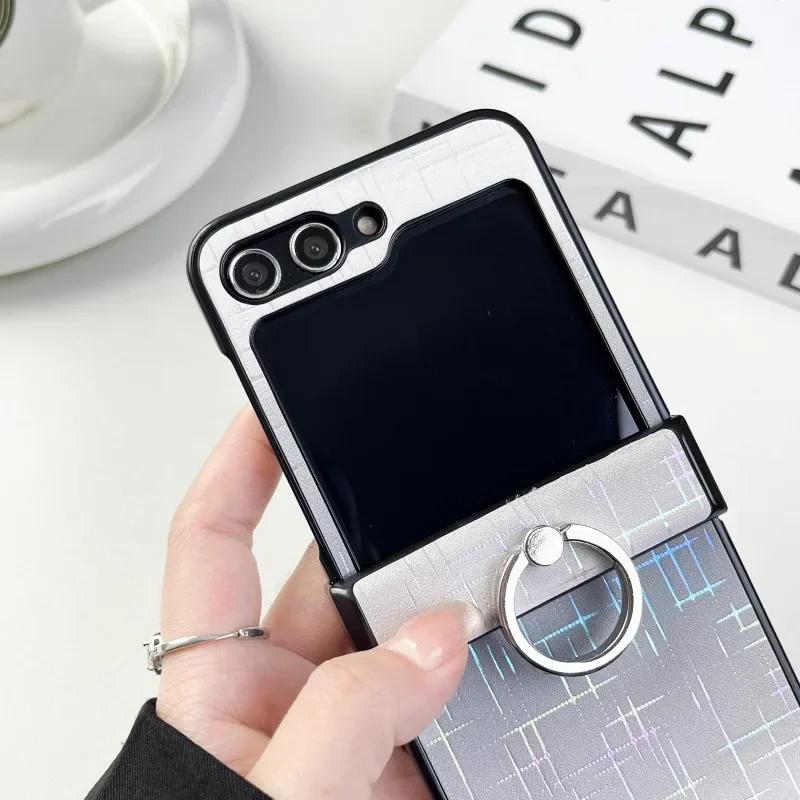 Ring Holder PU Leather Phone Case for Samsung Galaxy Z Flip 5 4 3 Flip5 Flip4 Flip3 5G Plastic Hard Shell Shockproof Cover