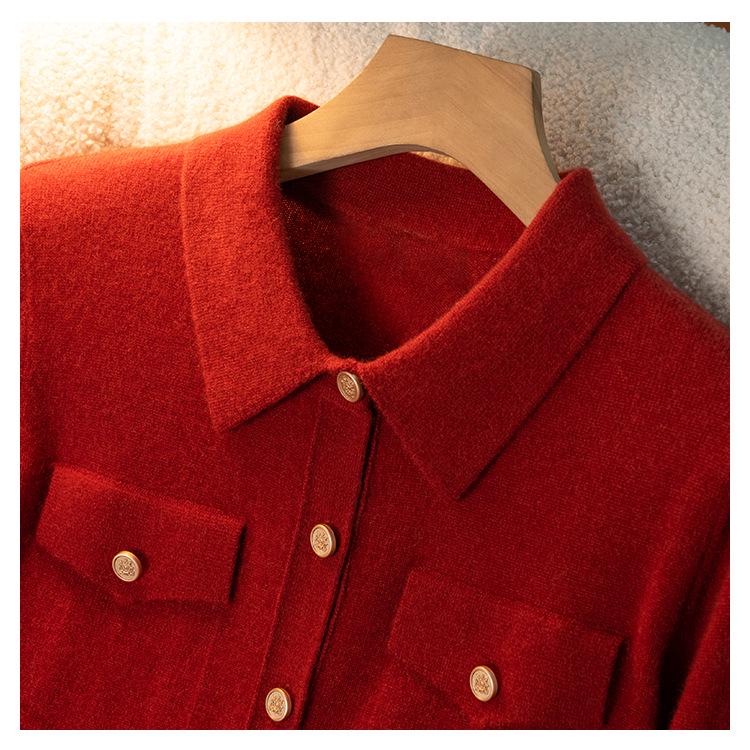 2025 Fall/Winter Women's Cashmere Polo Collar Tie-Up Cardigan with Long Sleeves