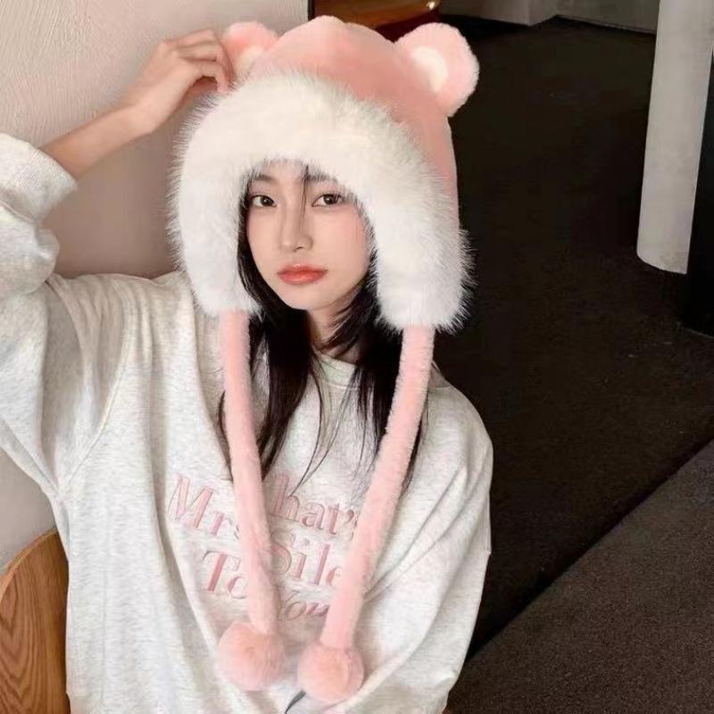 Winter fluffy hat cute ears pullover hat outdoor warm ear protection bag head cold hat fleece thickened millinery hat