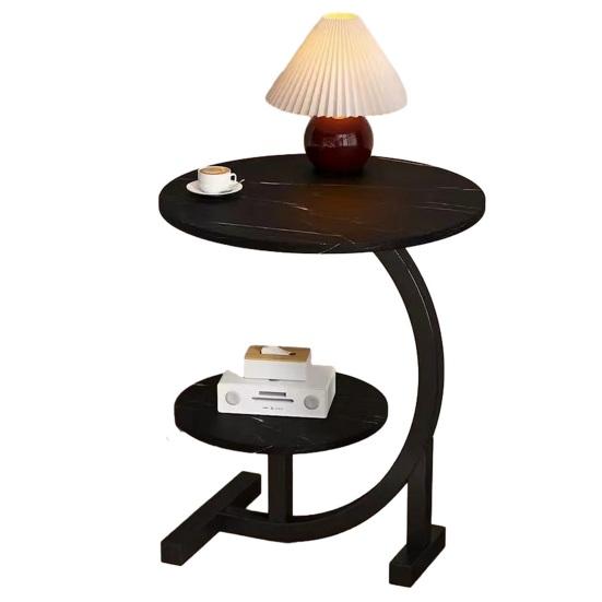 2-poziomowy stolik boczny w kształcie litery C, mały stolik kawowy z drewnianym blatem, metalowa rama