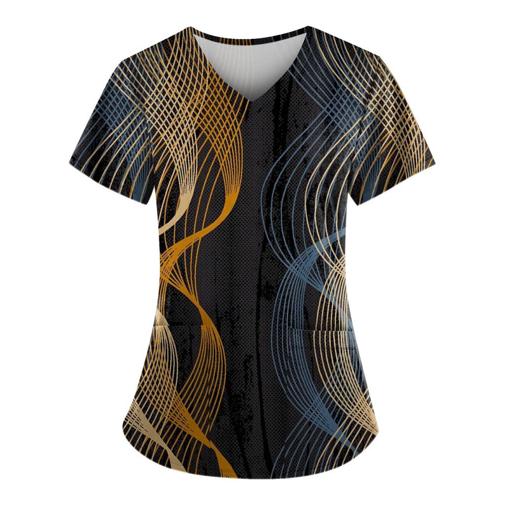 Damenmode V-Ausschnitt Kurzarm Arbeitskleidung mit Taschen Bedruckte Oberteile Sommeroberteile für Frauen