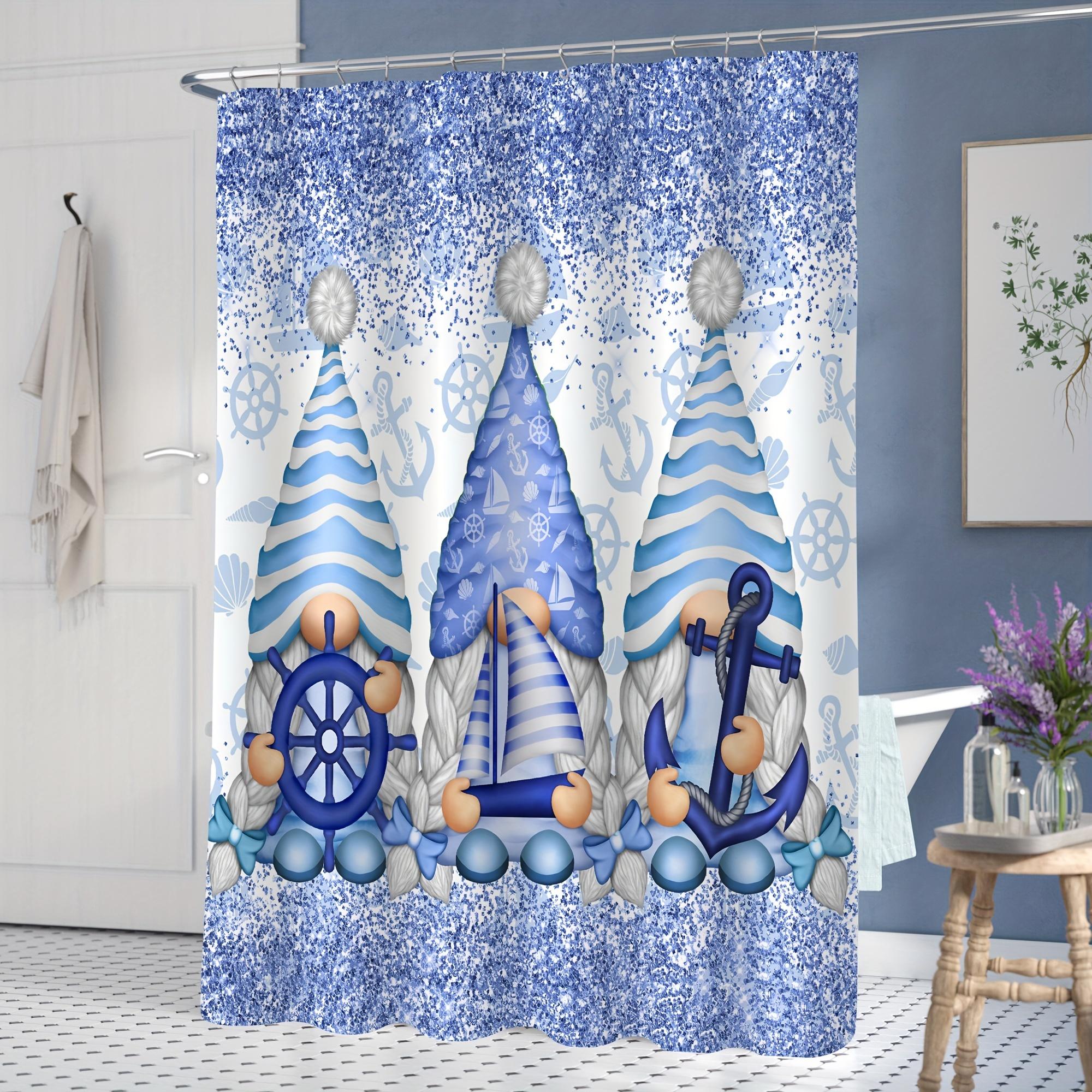 

1Pc Shower Curtain - Nautical Gnomes With Blue And White Stripes, Anchors, And Ships Wheels Design Waterproof W60H190(CM)-1 Pcs