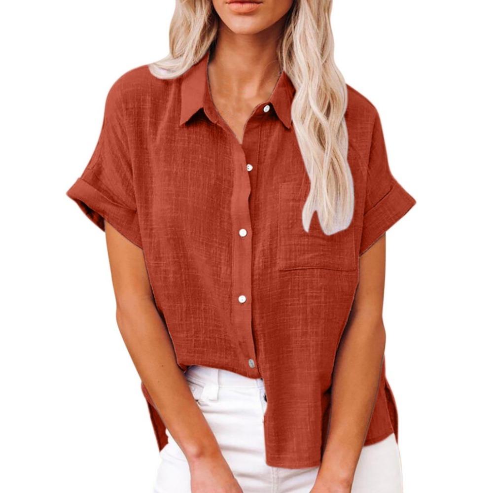 GMXIA Summer Women's Wear Solid-color Linen Shirt Short Sleeved Casual Loose Shirt