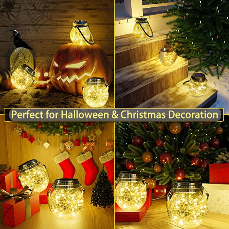 Solar Crackle Glass Jar Lights - Waterproof Warm White & Multi Color LED, Hanging Decor for Garden, Patio & Party