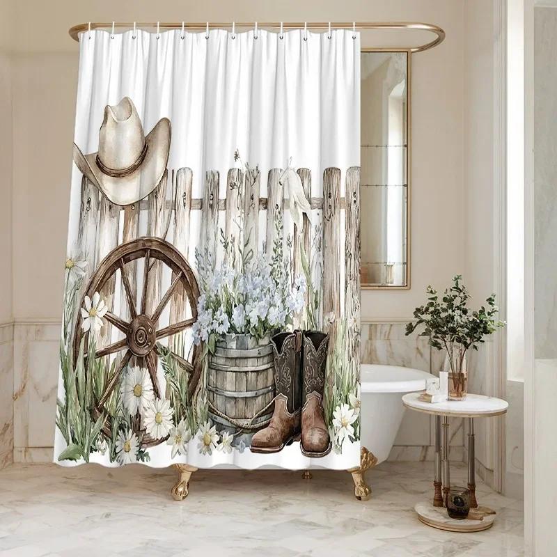 1pc Rustic Western Shower Curtain, Wooden Wagon Wheel & Cowboy Design, Wildflowers Daisies, Durable Bathroom Decor