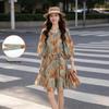 Women's Vintage Printed Lantern Sleeve Tie-Waist Dress