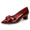 2025 spring new patent leather medium heel single shoes bow red wedding shoes shallow mouth pointed thick heel high heels temperament