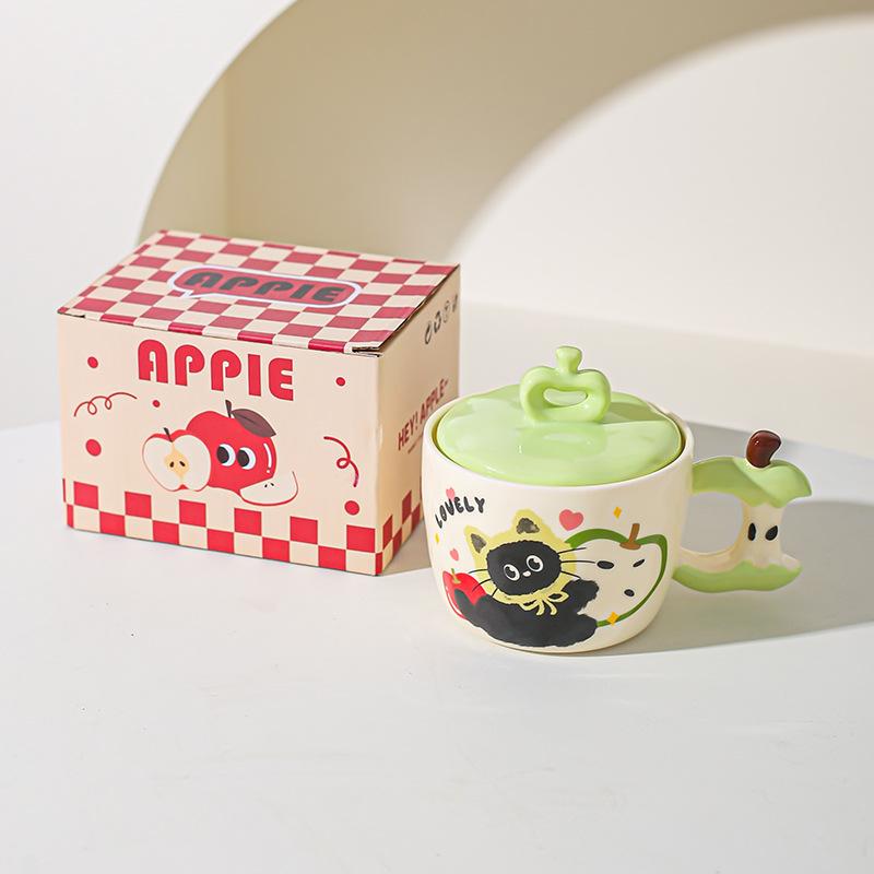 Creative Apple Cat Mug with Lid High Pretty Couple Ceramic Cup Souvenir Gift Cup for Best Friends Breakfast Cup