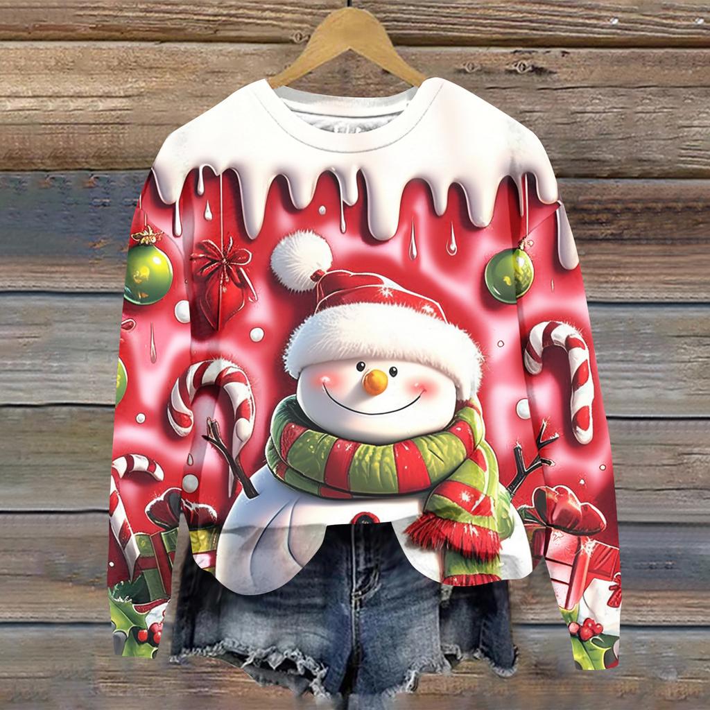 Ladies' Christmas Printed Long Sleeved Round Neck Hoodie Loose Top