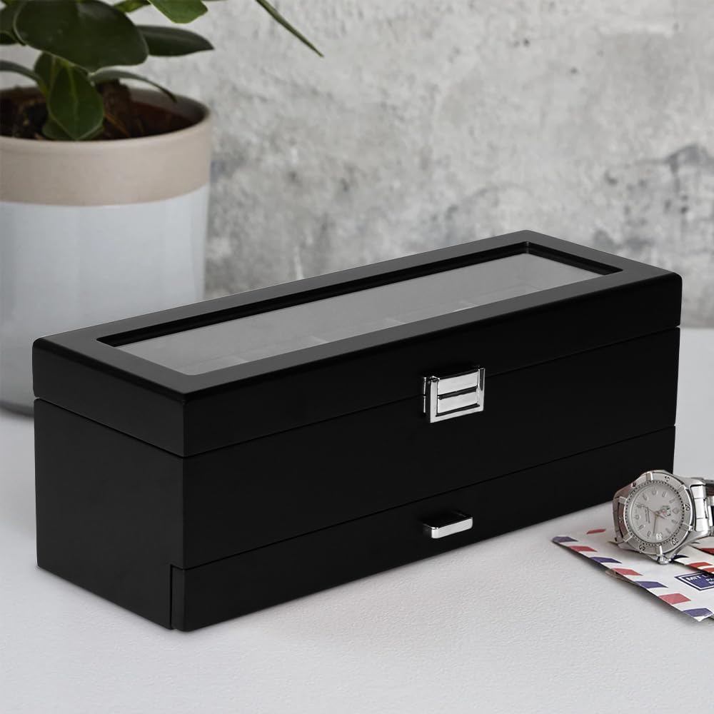 Baskiss Luxury 2-Tier Wooden Watch Case, Holds 6 Watches, and Can Also Store Accessories, Rings, Earrings, and Pens - Collection Case