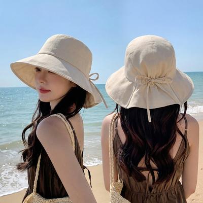Summer Outdoor Wide-brimmed Sun Hat for Women, Makes Your Face Look Smaller, Korean Style Fashionable Bow Bucket Hat