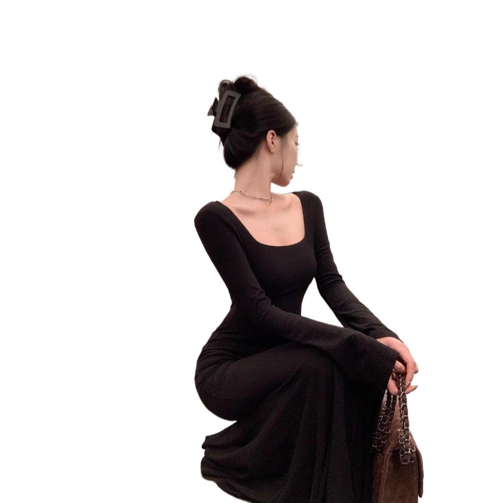 Hepburn Style Black Fishtail Dress: Women's Early Autumn Lotus Hip-Wrapping Long Dress
