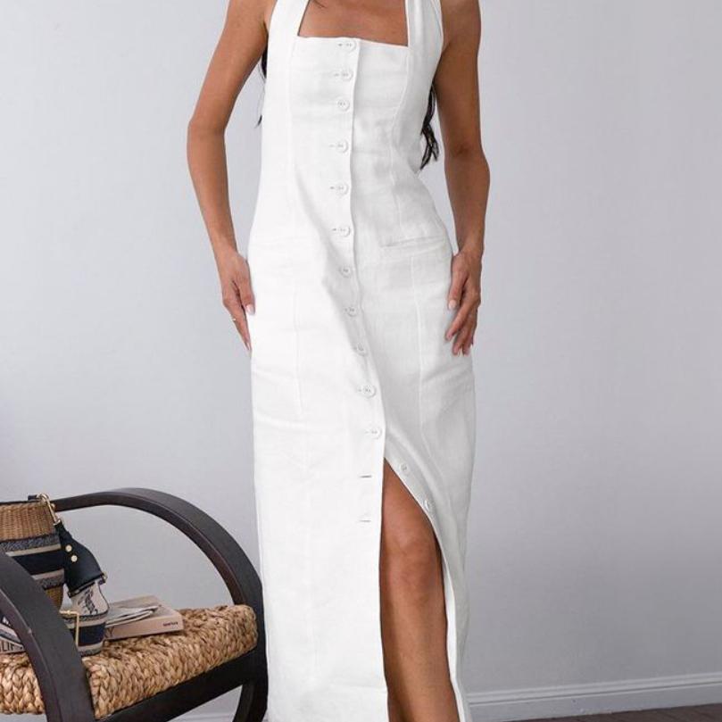 In Stock Summer Stunning Vacation Halter Backless Dress All Cotton High-End Feel Slim Fit Long Dress