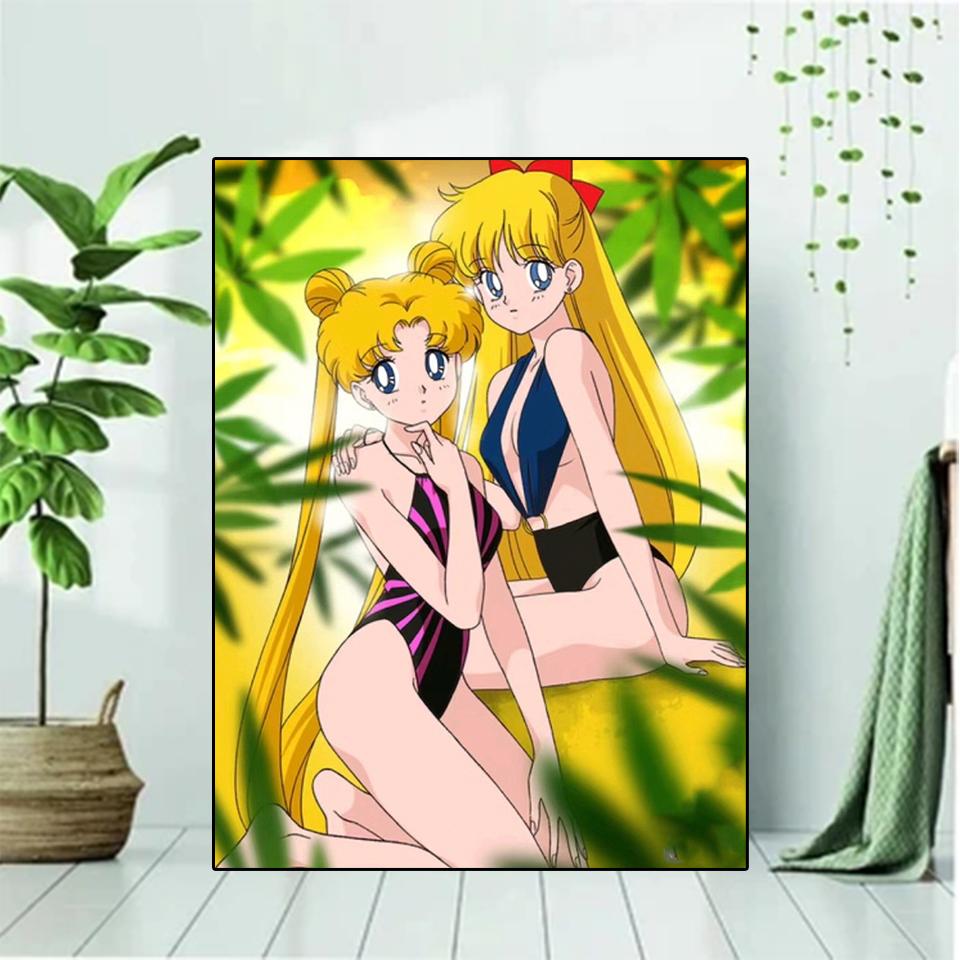 Handmade DIY Japanese 5D Anime Diamond Painting Cartoon Girl Full Circle Square Cross Stitch Mosaic Home Decoration