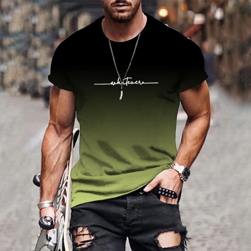 Men's Gradient Letter Printed Comfortable and Breathable Round Neck T-shirt Outdoor Street Fashion Top