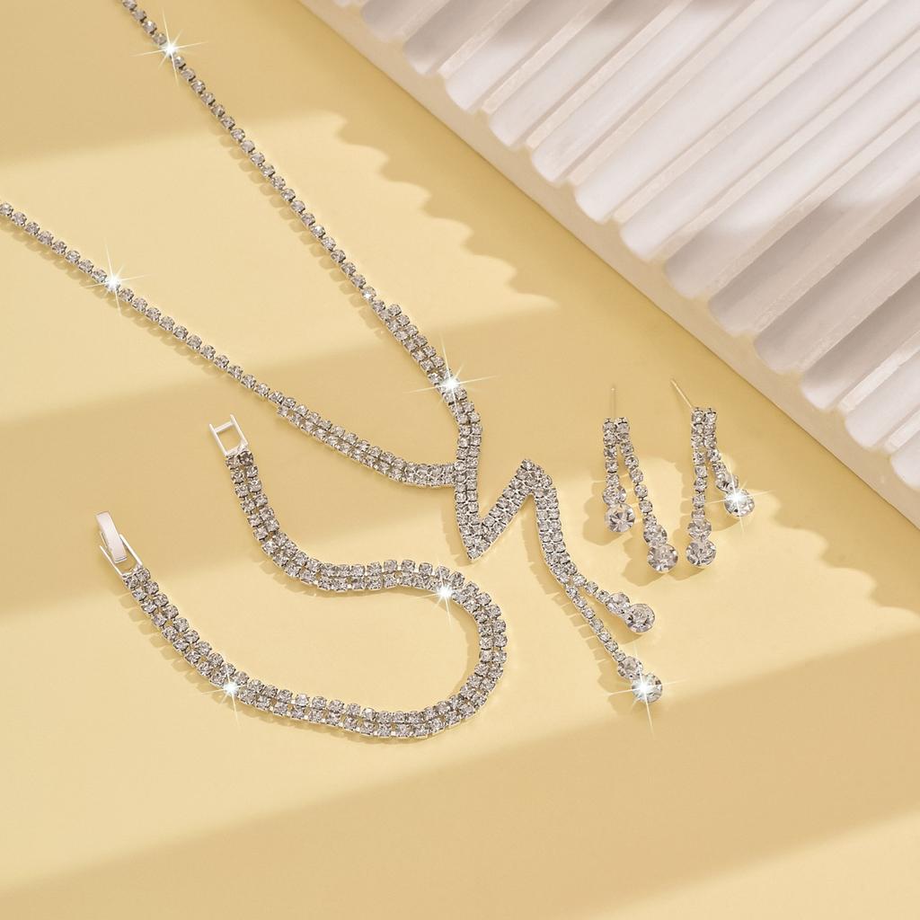Women's Jewelry Set Necklace Earrings Bracelet Zircon Collarbone Chain Elegant Silver Tone Gift