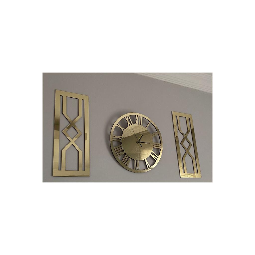 Dekoratives Wanduhr-Set, 3-teilig, Gold, 60 cm, luxuriöse römische Ziffern-Wanduhr, 30 x 70 cm, Sanduhr-Gemälde