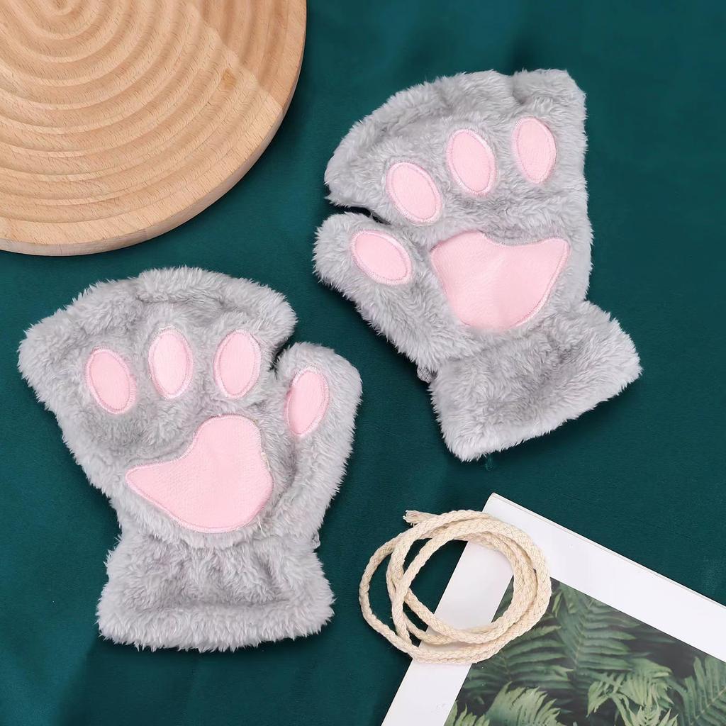 Winter Thickened Fluffy Bear Paw Half Finger Gloves Cute Cartoon Cat Paw Open Finger Gloves For Girls