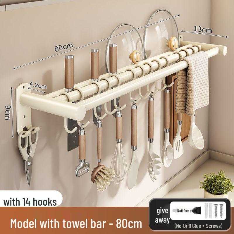 Stainless Steel Wall-Mounted Kitchen Hook & Pot Lid Rack with Knife Holder.