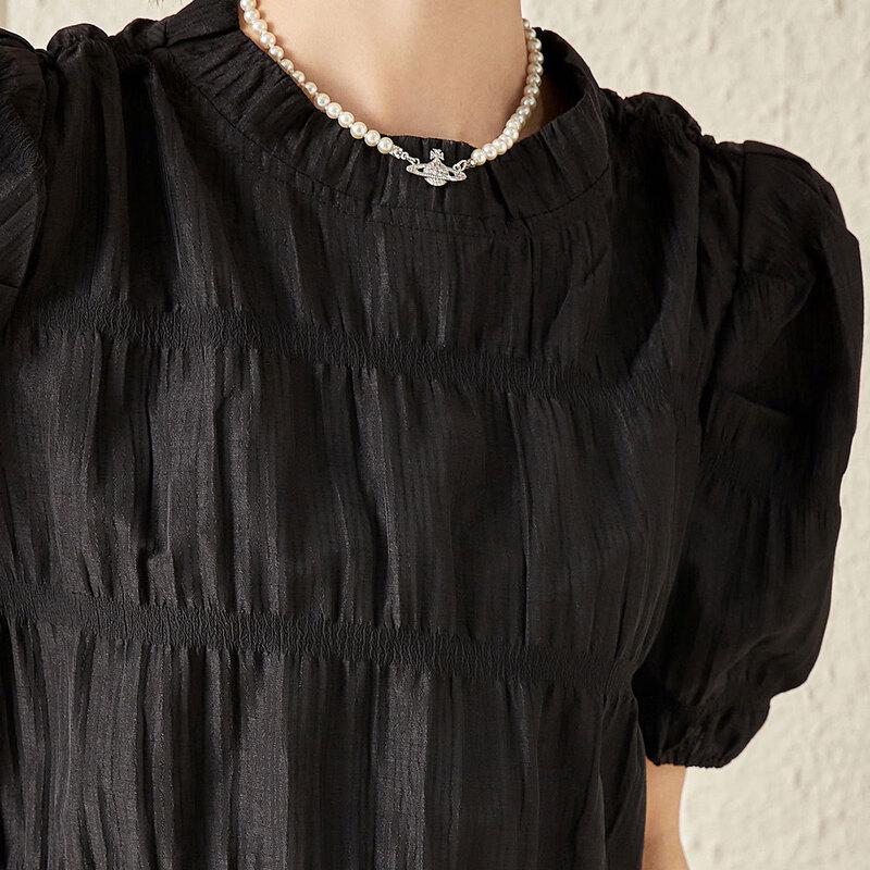 Bailuyu Pleated Puff Sleeve Round Neck Blouse