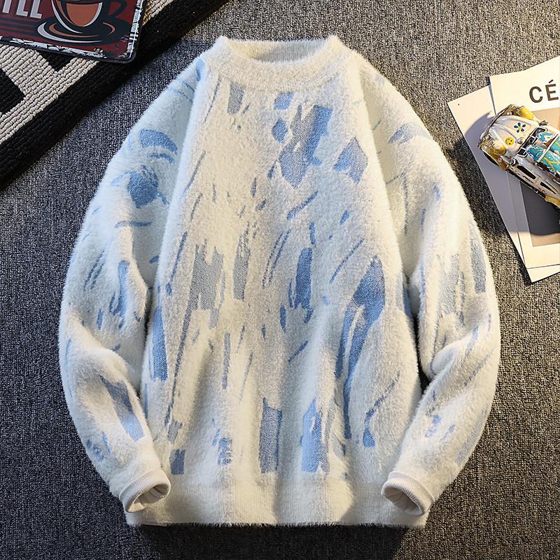 Round Neck Knit Sweater Long-sleeved Print Pullover Contrast Color Casual Fashion Top