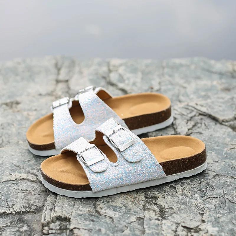 2024 New Summer Trend Sequins Parent-child Children's Slippers Women's Double Buckle Flip Flops Cork Slippers Women's Sandals