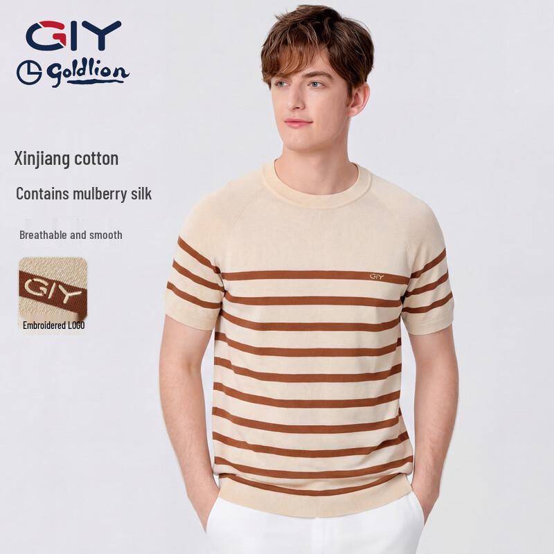 Goldlion GY Men s Striped Cotton-Silk Blend Crew Neck T-Shirt 3XL