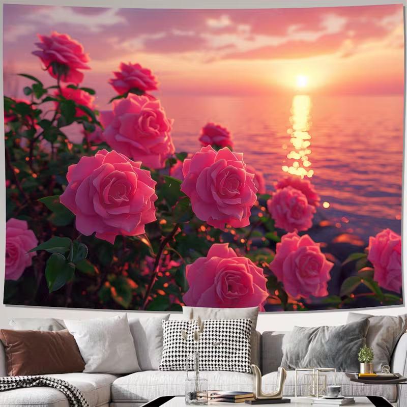 2D Aesthetic Pink Rose Tapestry, Beach Sunset with Blooming Roses Wall Art Home Decor 47.2x31.5inch/120*80cm