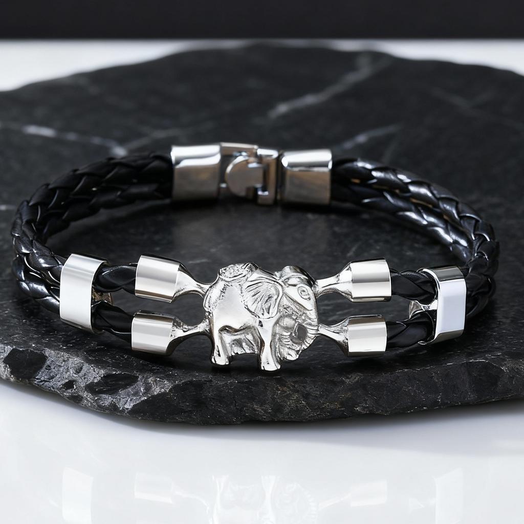 Vintage Elephant Black Leather Bracelet for Men,Trendy Elephant Charms Wristband Gift,An Elephant Never Forgets