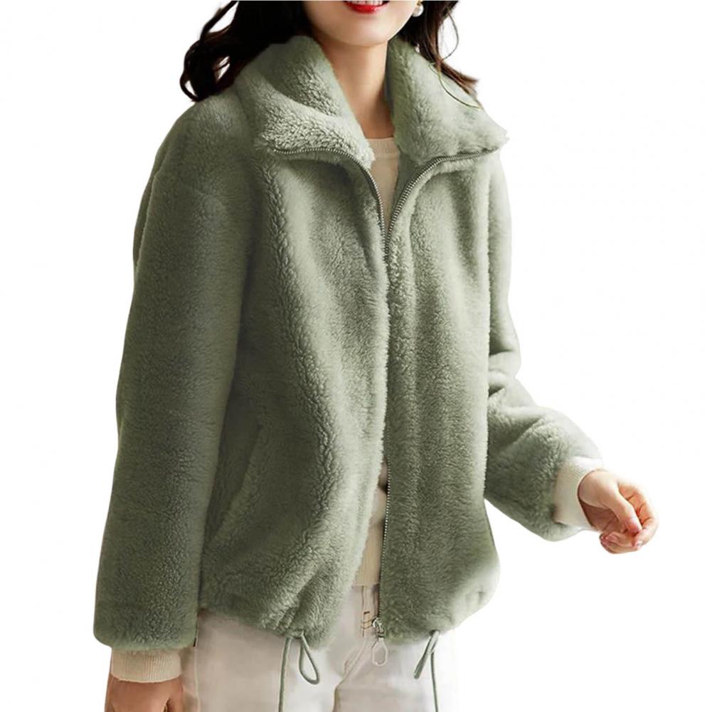 

Women Plush Coat High Collar Long Sleeve Pockets Drawstring Hem Shaggy Overcoat Solid Color Double Sided Plush Winter Coat 4XL світло-зелений колір