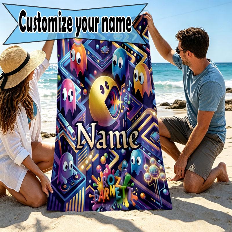 Custom Name Personalized PAC MAN Print Beach Towel, for Trip Camping Beach Party Home Decor, Birthday Gift for Family & Friends
