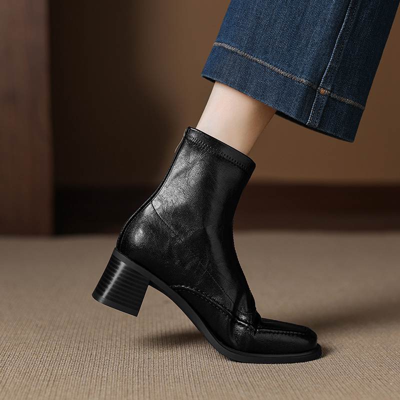 Krazing Pot Botines Chelsea de Puntera Cuadrada con Tacón Grueso de Microfibra Talla 42 Cremallera Decoración Plisada para Mujer Botines Elásticos en el Tobillo