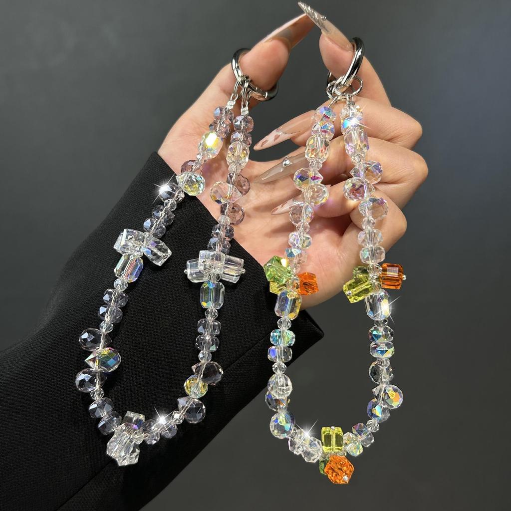 Exquisite Handmade Beaded Chain Phone Lanyard with Water Drop & Square Sugar Wrap Pendants