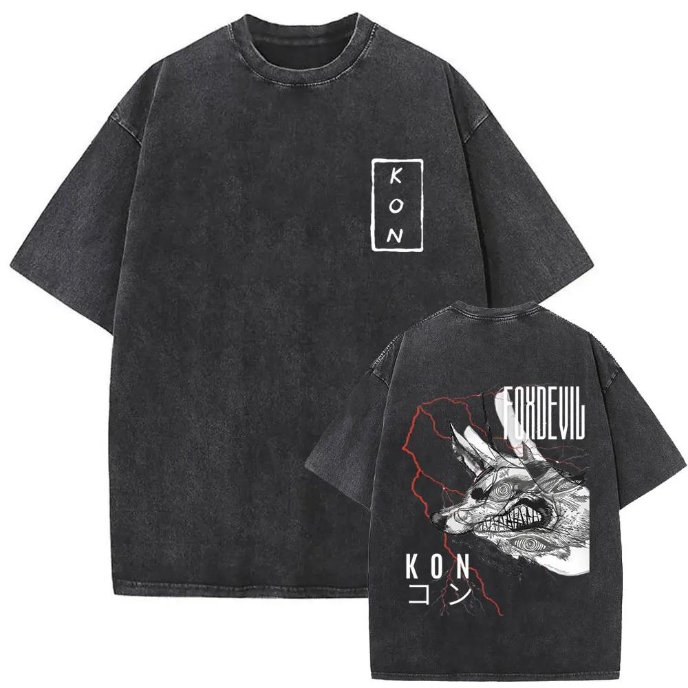 2026 Anime Chainsaw Man Vintage Washed T-shirt Hayakawa Aki Summon Kon Fox Devil Graphic T Shirts Men Women Casual Fashion T-shirts