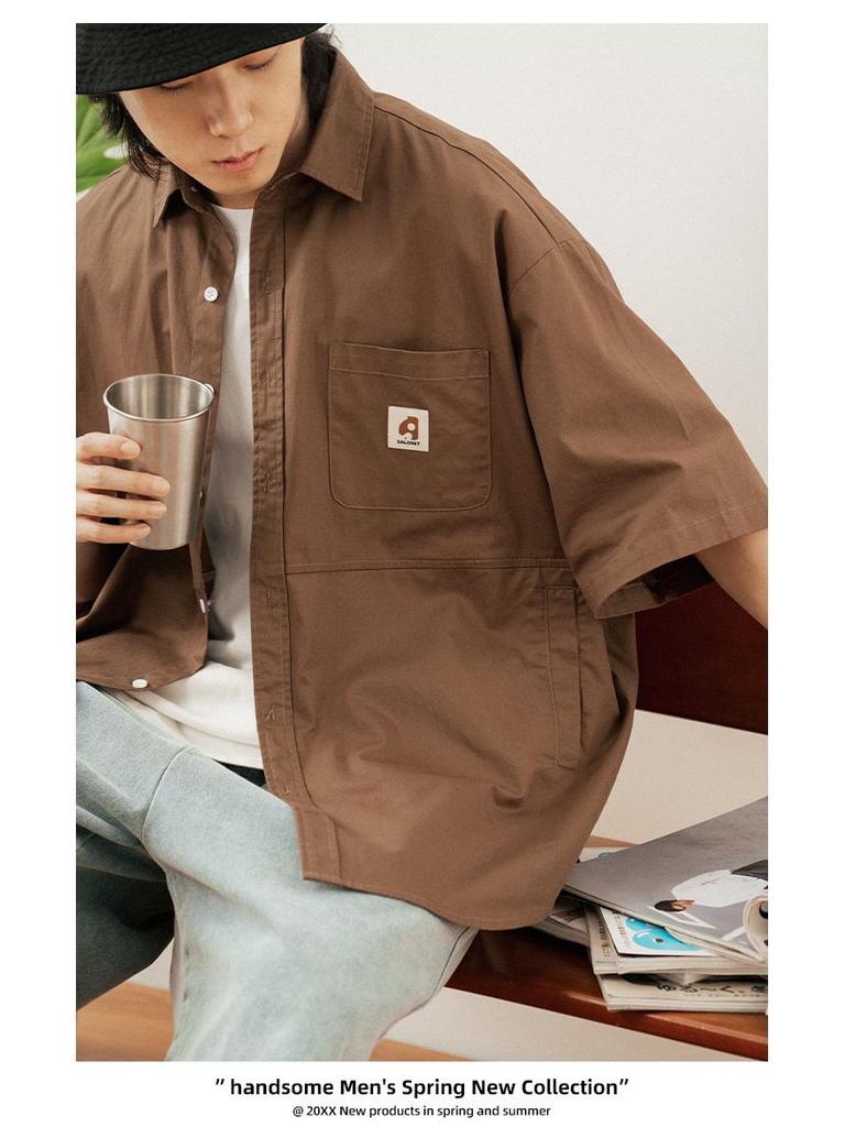 Hanlu Heren Japans Stijl Patchwork Kortmouw Werkkleding Shirt met Dubbele Zijzakken