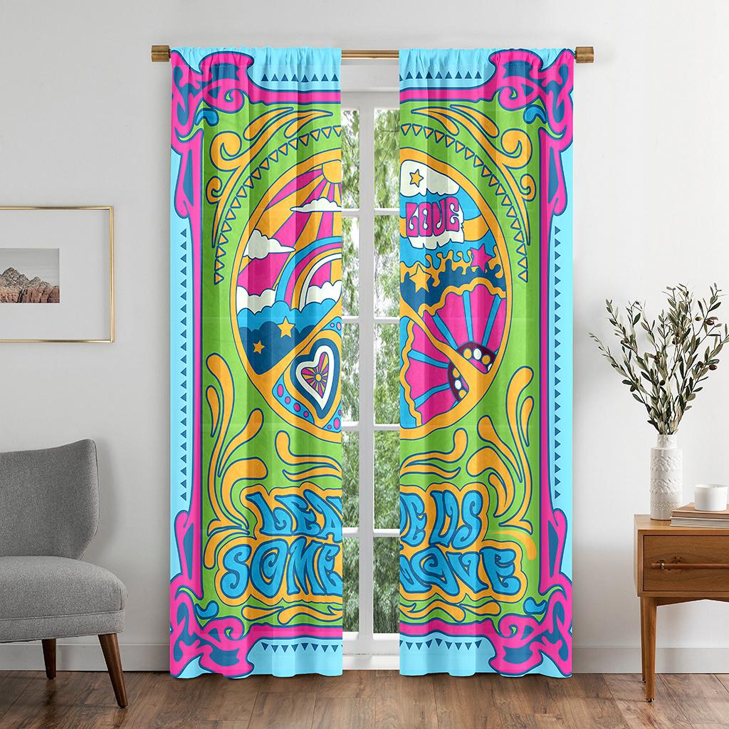

Isolated Vintage Hippie Style Psychedelic Window Area Window Covering Living Room Rest Room Bathroom Kicthen Doorways Storage Cabinet Decor Curta W50 X H130(CM)X2&Grommet Top