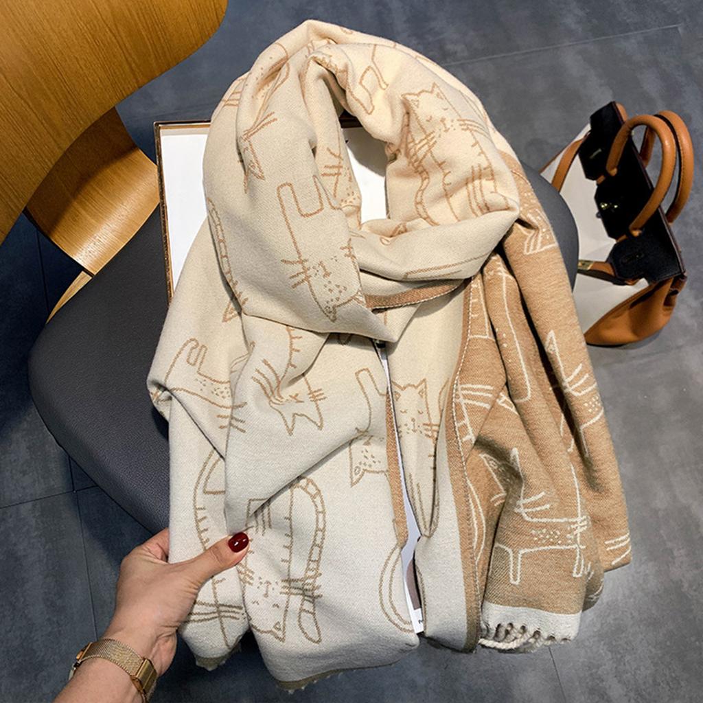 Fashion Cat Printed Pashmina Scarf Tassels Shawl Womna Autumn Winter Warm Scarves Ladies Long Wraps Cashmere Like Neckerchief